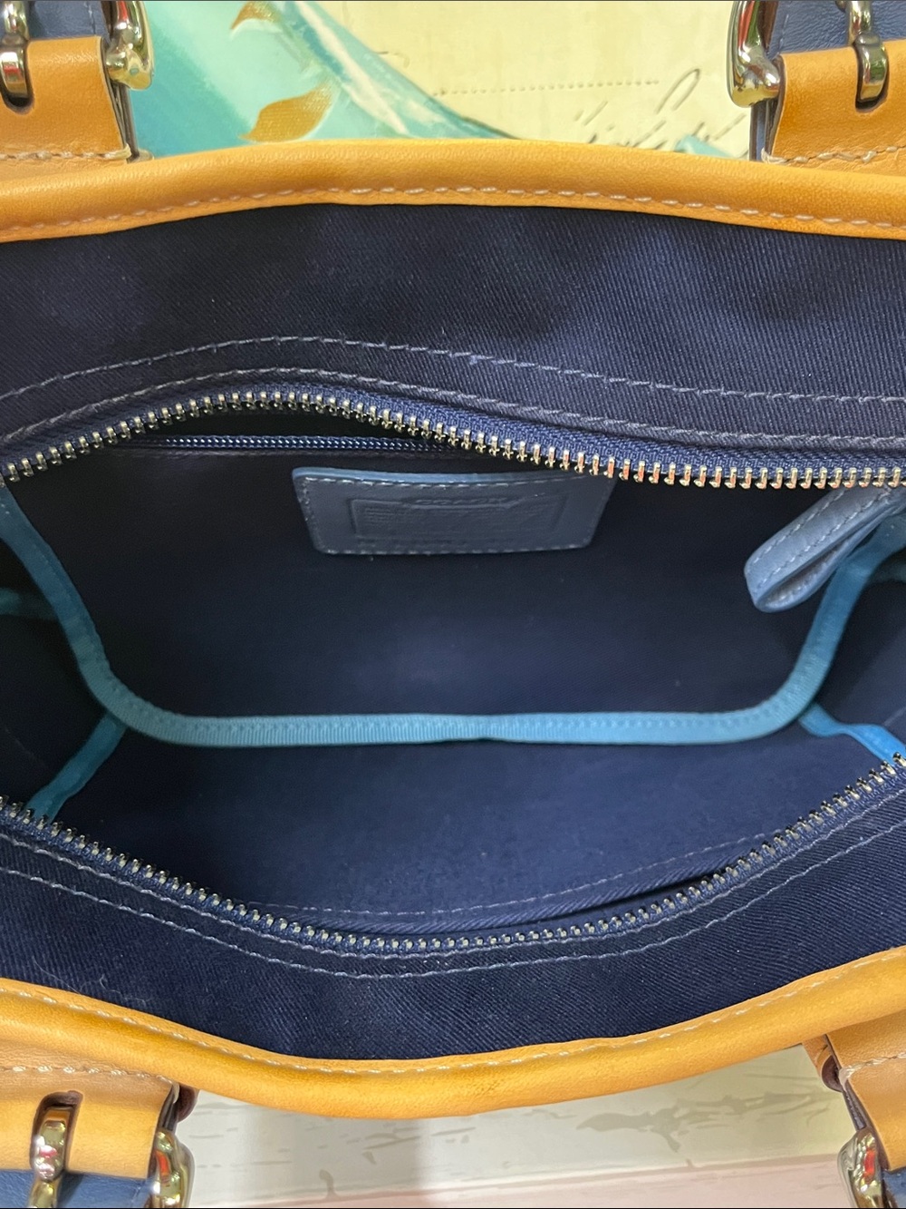 Coach vintage Two-Tone Taupe and Blue Pebbled Tote with Tan Trim - Picture 9 of 15